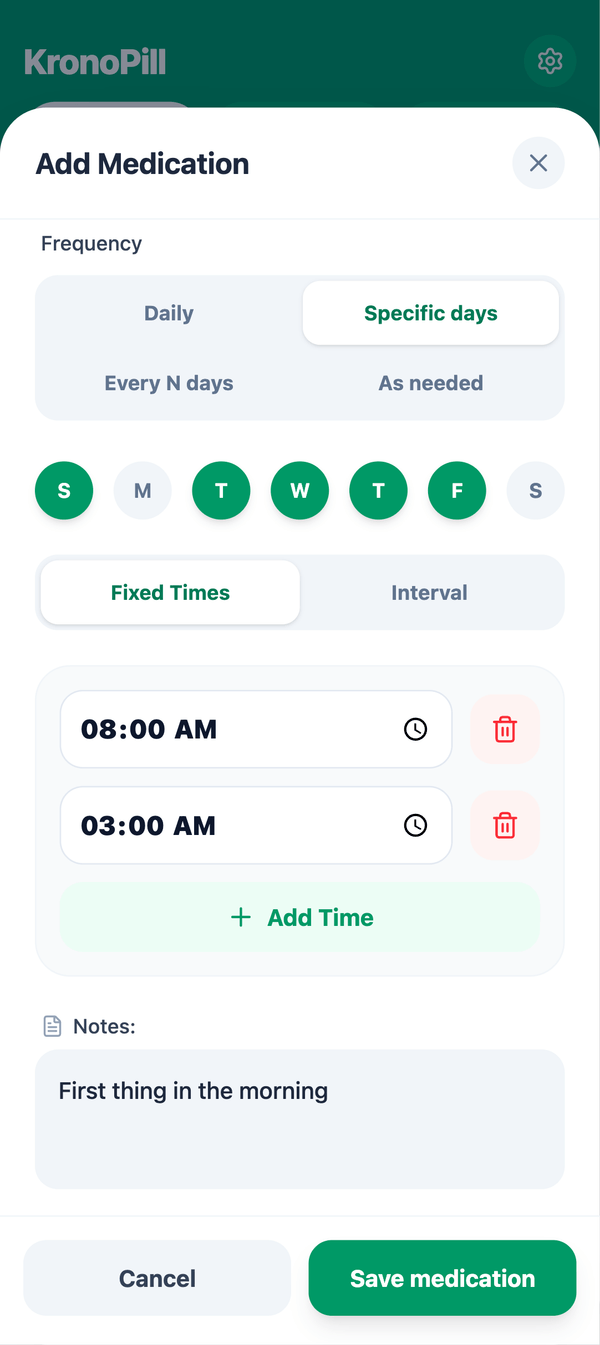 Add Medication screen in KronoPill with flexible schedule options, selected days and fixed dose times