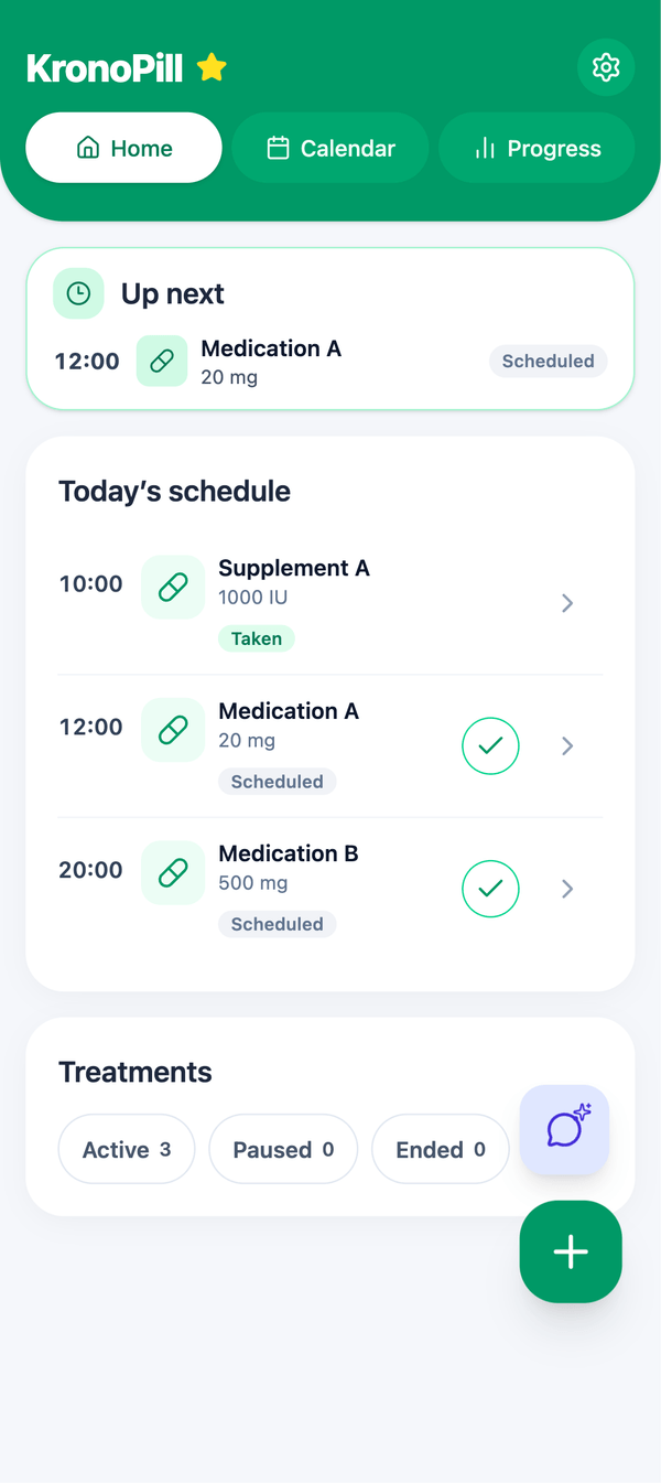 KronoPill Home screen showing today's medication schedule, upcoming doses and treatment status
