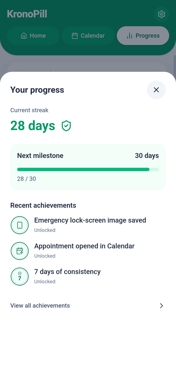 KronoPill Progress screen showing the current streak, the next milestone and recent achievements