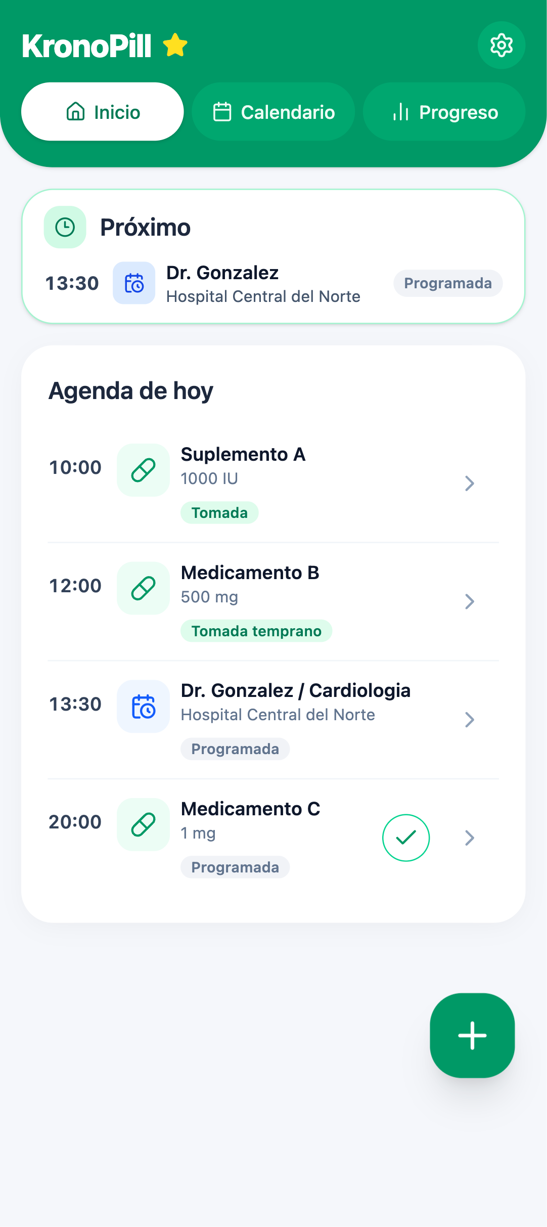 Pantalla de Inicio de KronoPill con una cita médica programada, su hora, centro y estado