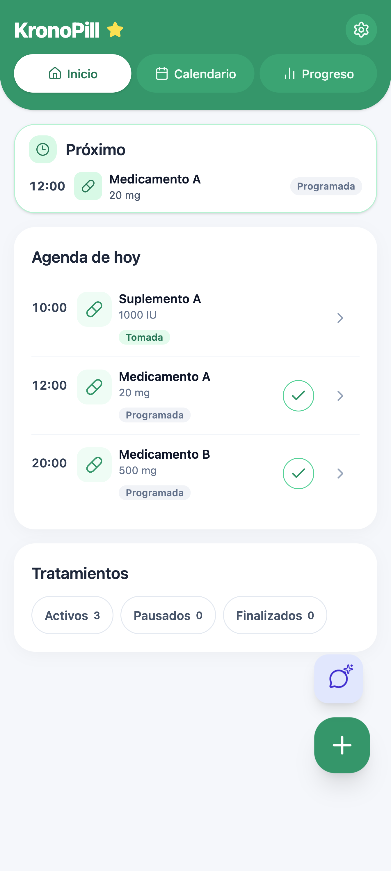 Pantalla de Inicio de KronoPill con la agenda de hoy, las próximas dosis y el estado de los tratamientos