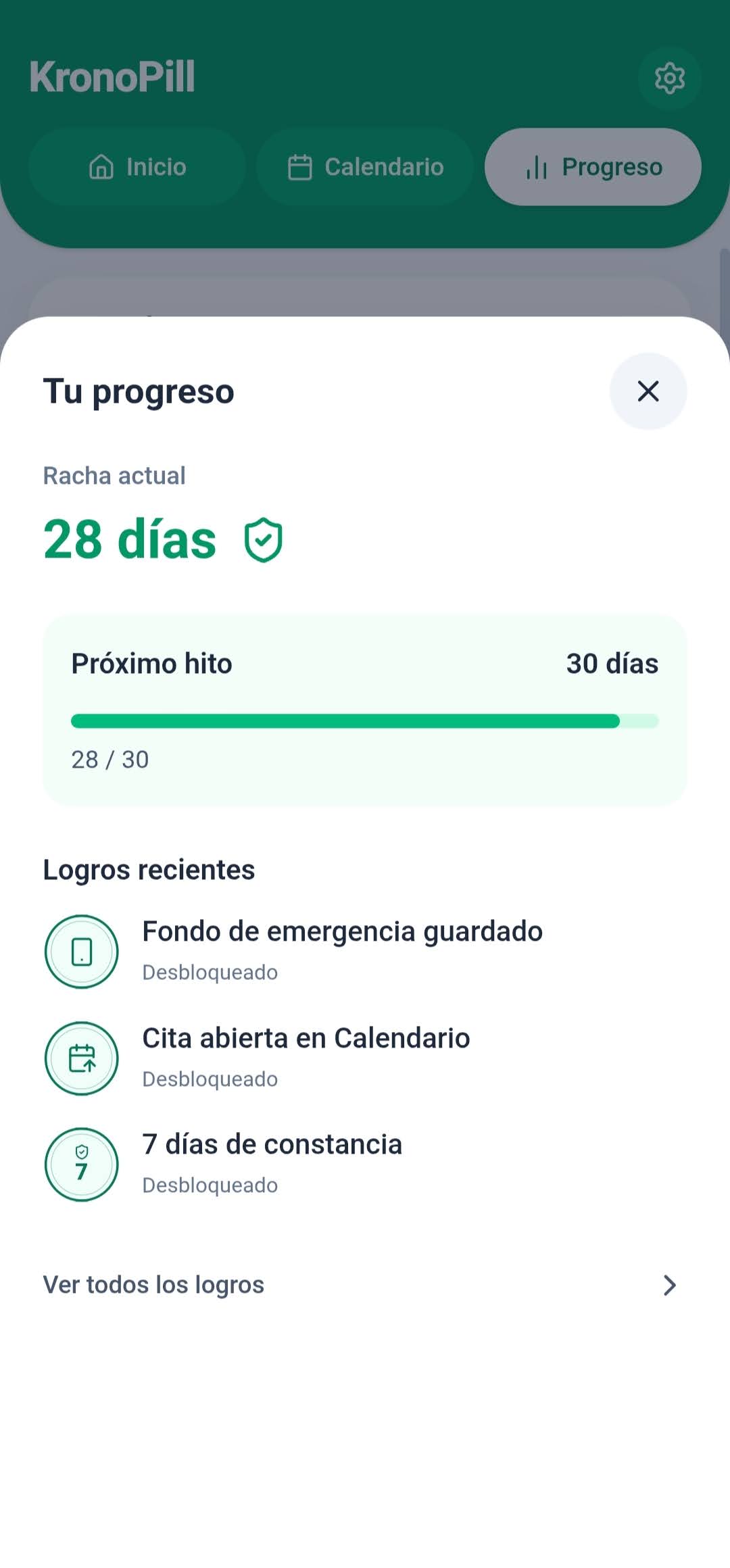 Pantalla de Progreso de KronoPill con la racha actual, el próximo hito y logros recientes